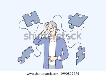 Alzheimer illness disease patients concept. Senior mature woman cartoon character suffering from brain disease and memory loss standing with puzzles flying round vector illustration 