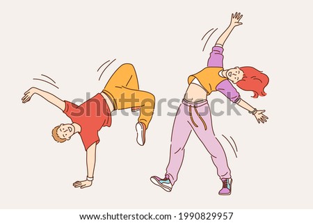 Feeling positive and dancing concept. Young smiling cheerful girl and boy in stylish bright clothes dancing modern dances feeling happy moving body vector illustration 