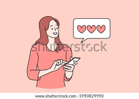 Popular blogger or vlogger concept. Cheerful girl cartoon character popular blogger looking glad standing with smartphone and checking number of followers and likes vector illustration 