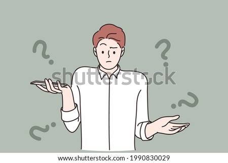 Unknown phone number emotion concept. Frustrated young man cartoon character standing looking surprised and shrugging his shoulders after getting phone call from unknown person vector illustration
