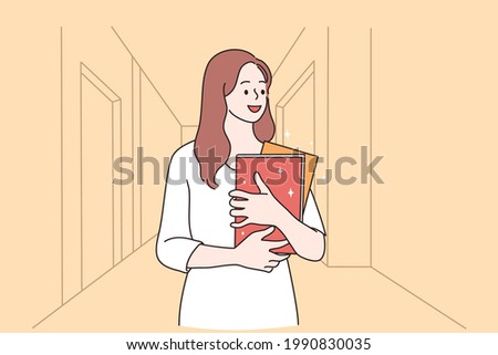 Thoughtful before lesson emotions concept. Red haired professional English teacher woman cartoon character feeling thoughtful and smiling before lesson vector illustration 