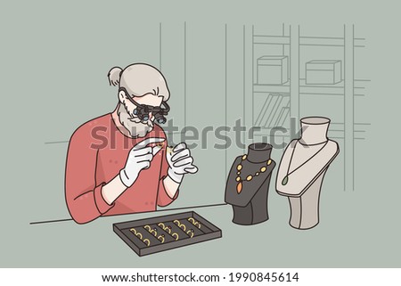 Working as jeweler in jewerely store concept. Grey haired man cartoon character sitting examining diamond with special glasses working as jeweler vector illustration 