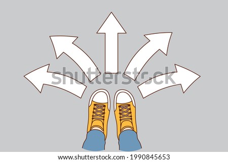 Choice and decision concept. Human foot in sneakers standing with arrows in various directions around meaning variety of choice and directions vector illustration 