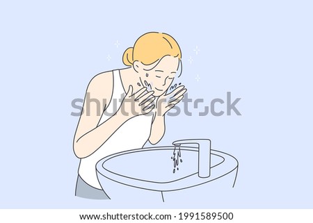 Beauty, skincare, Cosmetology concept. Young smiling pretty blonde woman cartoon character standing washing her face with water in morning skincare treatment vector illustration 