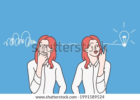 Having great idea and thinking process concept. Young smiling business woman cartoon character standing thinking of money profit and development finally having great new idea vector illustration 
