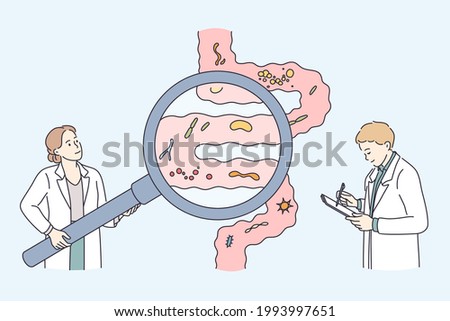 Healthcare and healthy nutrition concept. Young scientists studying gastrointestinal tract and digestive system doing analysis of gut microorganisms vector illustration 