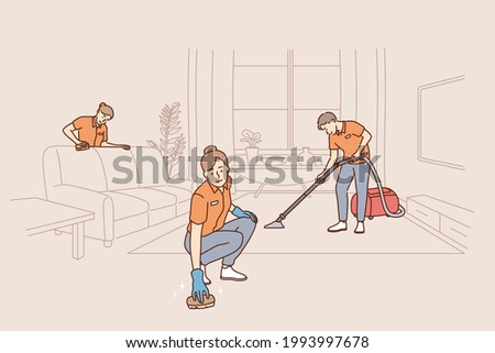 People working as cleaners in service concept. Group pf people workers cleaners tiding up apartment room making cleaning in uniform vector illustration 