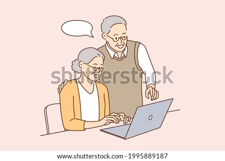 Senior people and technologies concept. Positive mature elderly couple using laptop together learning computer communicating online together vector illustration 