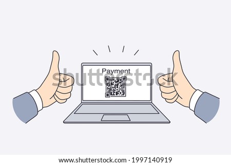 Electronic payment with qr code concept. Hands of man showing thumbs up sign with electronic payment and qr code for transaction on laptop screen vector illustration