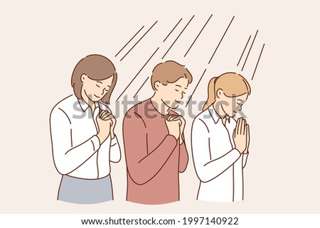 Business hope and pray concept. Group of positive calm business people cartoon characters standing with crossed hands and playing hoping for development vector illustration 