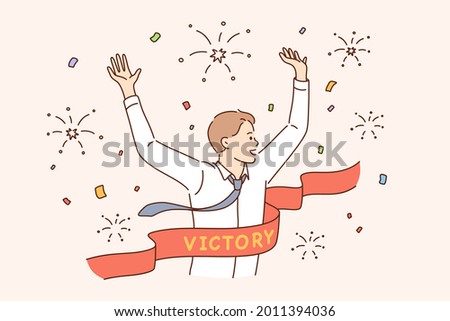 Business success, leadership, winner reaching goal concept. Young smiling businessman cartoon character running reaching goal celebrating victory at finishing line as first winner feeling happy