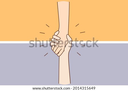 Helping hand, support, assistance concept. Hand of unrecognizable person holding another hand falling down helping supporting vector illustration 