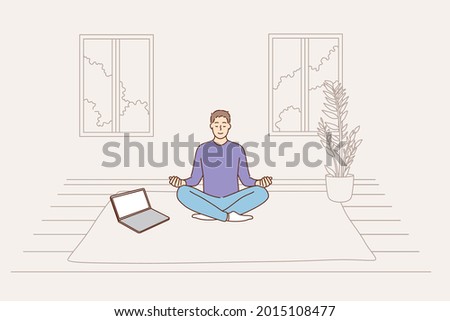 Meditation online, anti stress, mental health concept. Young positive calm man cartoon character sitting on floor at home making meditation lesson online with laptop vector illustration