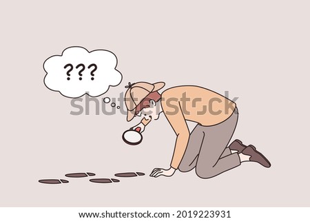 Profession for child and childhood concept. Detective boy sitting collecting evidence and investigates crime dressed in Sherlock Holmes suit vector illustration 