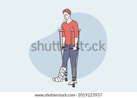 Disability and health problem concept. Young Disabled person man standing with crutches, having gypsum bandage with fracture vector illustration