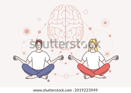 Meditation and mental health concept. Young smiling couple man and woman cartoon characters sitting meditation keeping mind in peace vector illustration 