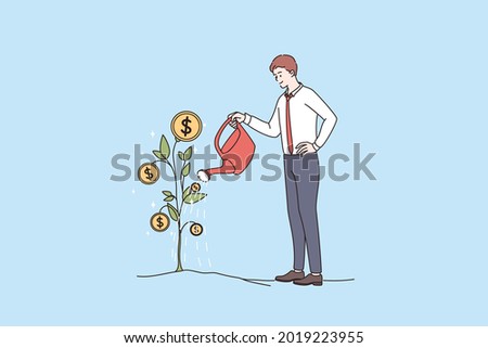 Financial success, wealth, profit concept. Young businessman standing growing income watering plant with coins vector illustration