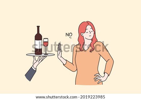 Healthy lifestyle and avoiding alcohol concept. Young Woman standing saying no to alcohol refusing of glass of wine with raised hand vector flat illustration