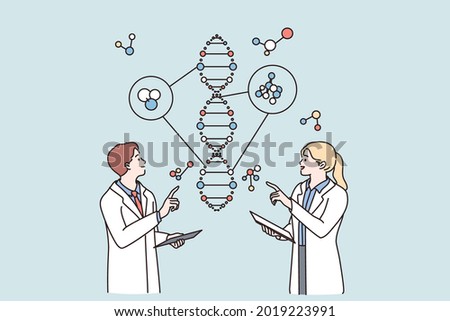 Laboratory research and genetic engineering concept. Young scientists woman and man cartoon characters standing communicating about science research in flask together vector illustration 