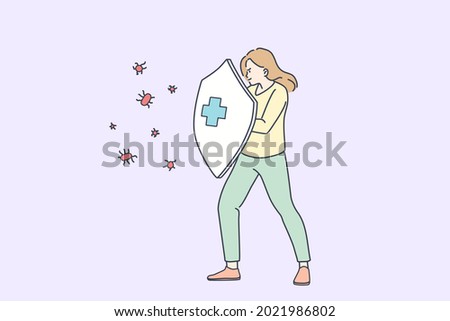 Protection of virus infection concept. Young woman cartoon character standing holding shield to pretect health from microbes disease infection COVID-19 vector illustration 