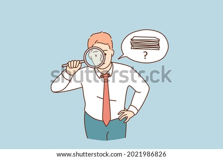 Searching for money or documents concept. Young attentive businessman cartoon character standing looking at magnifier trying to find money or official documents vector illustration 