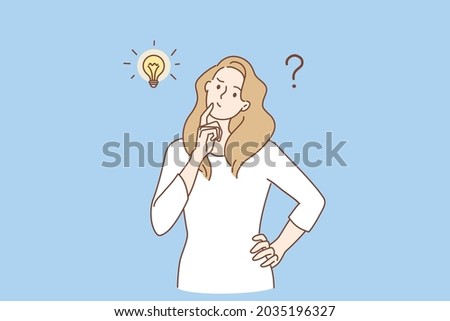 Frustration, doubt and question concept. Young frustrated woman cartoon character standing feeling doubt with question marks above vector illustration 