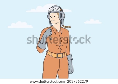 Woman working as pilot concept. Young smiling woman in helmet and protective clothes standing looking away feeling freedom and confidence vector illustration 