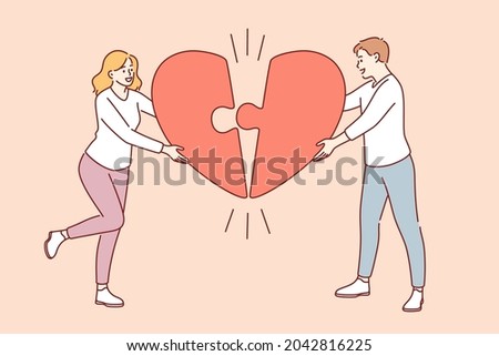 Valentines day, Love, romance concept. Young happy smiling loving Man and woman lovers connecting halves of big red heart feeling in love one family vector illustration 