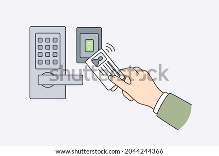 Security id card and safety concept. Human hand holding id card with personal information holding near electronic lock opening door vector illustration 
