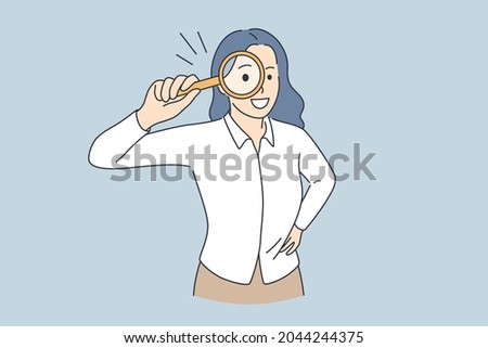 Searching investigation and research concept. Young smiling woman cartoon character standing holding magnifier glass over eyes feeling curious vector illustration 