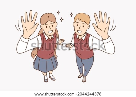 Education, studying and knowledge concept. Smiling boy and girl students pupils standing waving hands looking at camera showing excitement vector illustration 