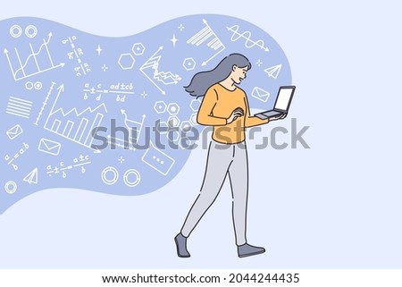 Higher education and studying online concept. Young smiling female student standing learning mathematics online on laptop screen vector illustration 