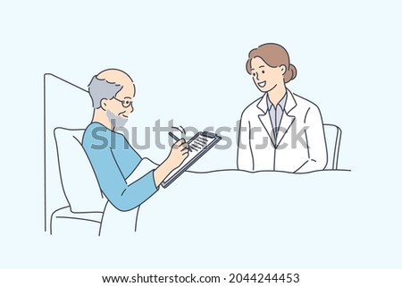 Making will and approval for operation concept. Old smiling ill man sitting in bed signing will or approval in hospital with doctor nurse sitting nearby vector illustration 