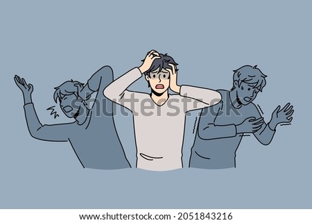 Inner fears and panic concept. Young stressed frustrated man feeling chocked with afraid shadows around vector illustration 