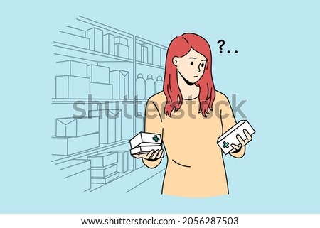 Difficult choice in pharmacy concept. Young frustrated woman cartoon character standing trying to choose right medicine in pharmacy shop vector illustration 