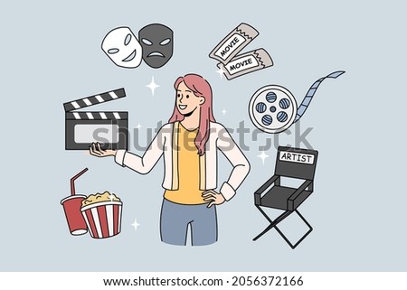 Woman director of movie production holding film clapper. Vector concept illustration with movie elements. Production director chair with cinema tickets.