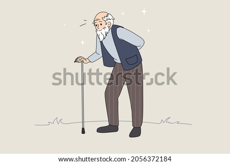Hand drawn vector illustration of senior man with walking stick. Senior retirement. Walking old man. Vector illustration with abstract background