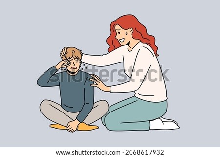 Consoling and communication with children concept. Young loving woman mother sitting and consoling helping to calm down her crying child boy kid vector illustration  ストックフォト © 