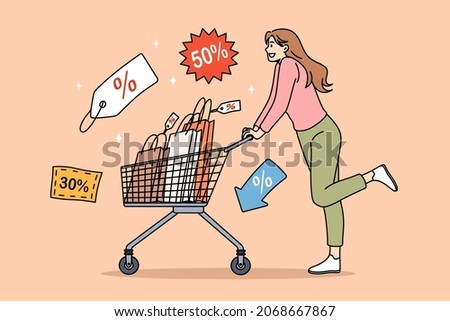 Sales during shopping and purchase concept. Happy young woman cartoon character rolling shopping bag full of discount purchases shopping vector illustration 