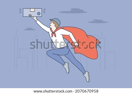 Superpower and internet technologies concept. Smiling man business person flying in superman cape with smartphone in hands vector illustration 