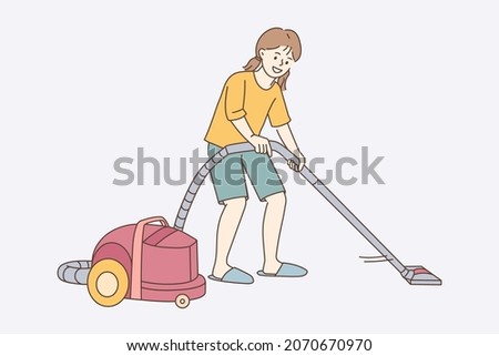 Vacuum cleaning and housework concept. Smiling girl cartoon character standing making vacuum cleaning at work vector illustration 