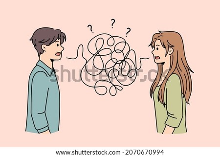 Problems in communication of couple concept. Frustrated young man and woman standing with thorn thread between them having troubles with understanding each other vector illustration  Photo stock © 