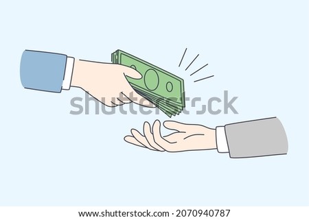 Financial crime and bribe concept. Human hands giving and taking money bribe doing corruption over blue background vector illustration  商業照片 © 