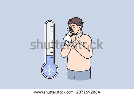 Unhealthy man blow running nose suffer from cold or fever due to cold winter outside temperature. Unwell sick male struggle with seasonal influenza or covid-19. Healthcare. Vector illustration. 