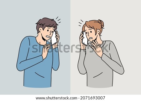 Scared man and woman talk on cellphone feel anxiety with communication. Frightened people have smartphone call, afraid of public speaking. Introvert communicate. Vector illustration. 