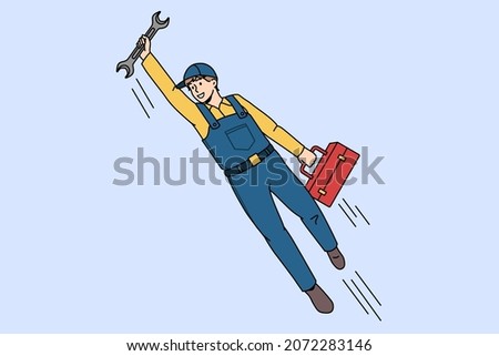 Happy man superhero plumber with wrench ready to help client or customer. Smiling mechanic or engineer plumb fix repair equipment. Job work occupation concept. Vector illustration. 