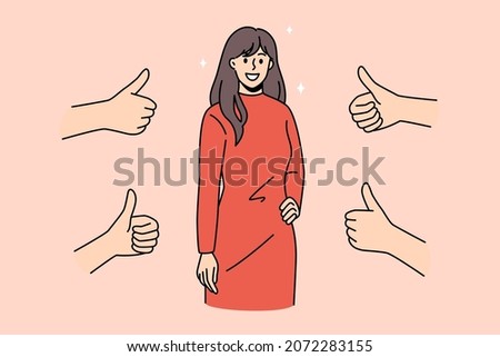 Smiling young woman get likes of subscribers, feel popular in social media. Happy millennial girl receive acknowledgment and public approval. People give thumbs up. Recognition. Vector illustration. 