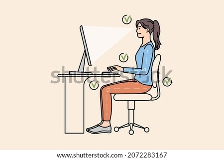 Girl sit at desk work on computer in correct position. Young woman keep right distance between eyes and posture at PC table. Ergonomic office job concept. Vector illustration, cartoon character. 