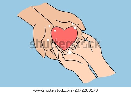 People hold heart in hands show love and care in relations. Human kindness and support. Volunteer demonstrate mercy and goodness. Charity, affection concept. Flat vector illustration.  Foto d'archivio © 