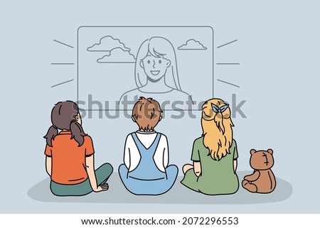 Diverse children sit in front of TV watch movie or cartoon at home together. Small kids enjoy television film or program on weekend. Entertainment, childhood concept. Flat vector illustration. 